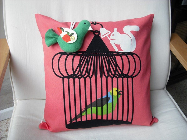 Decorative pillow and Handmade Decorative Bird-Throw pillow-Accent pillow- bird and squirrel-Pink pillow, Ready to ship