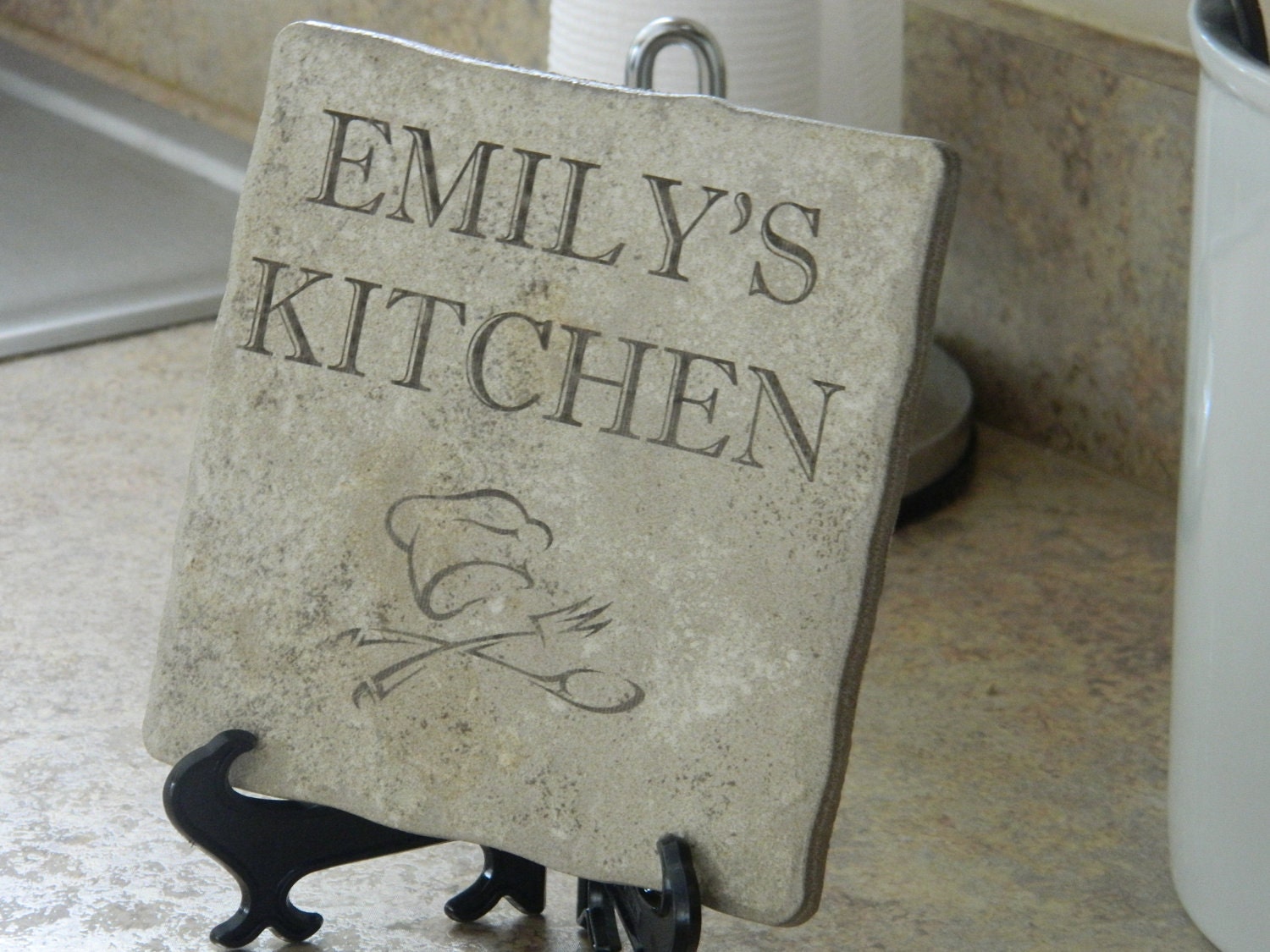 Personalized Laser Engraved Kitchen Sign on Stone Tile, Home Decor, Housewares, Home Decor, Houswarming, Gift, Customized, Name