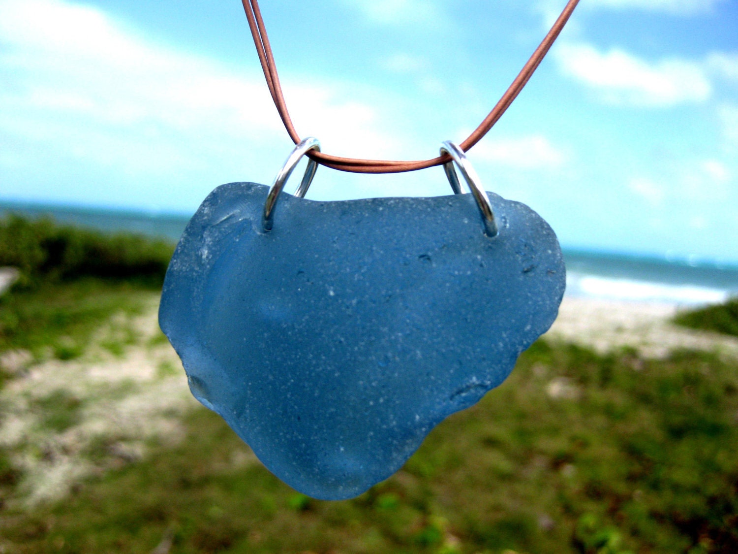 Hawaiian Gorgeous & Very Rare, Large, Cornflower Blue Beach Glass on Leather Cord, completely adjustable, Necklace