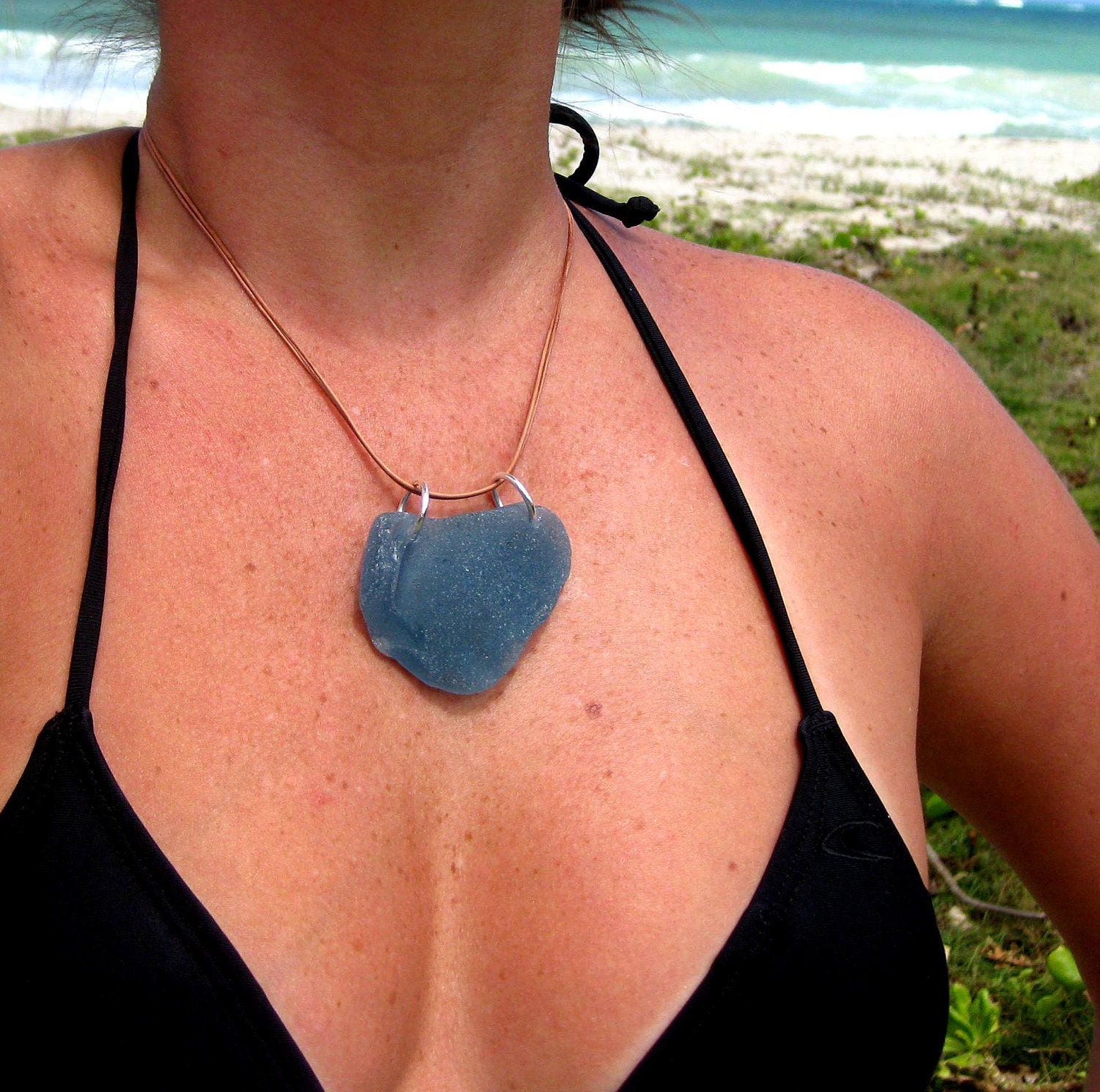 Hawaiian Gorgeous & Very Rare, Large, Cornflower Blue Beach Glass on Leather Cord, completely adjustable, Necklace