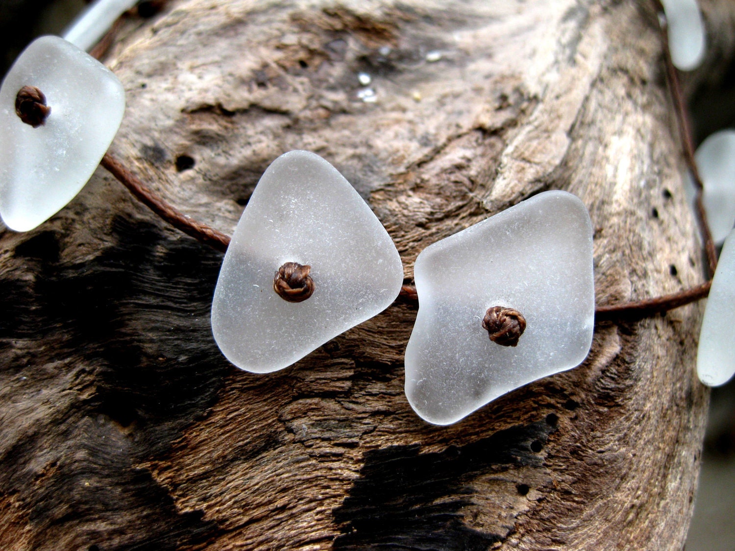 Hawaiian Clear Beach Glass on Brown Wax Cord Bracelet / Anklet with Puka Shell End Connector