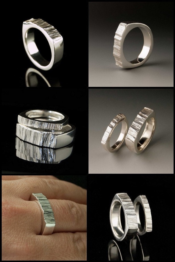 Wide Saw Cut Men's Wedding Ring, Textured Modern Wedding Band in Sterling Silver, Silver/palladium, Palladium or White Gold