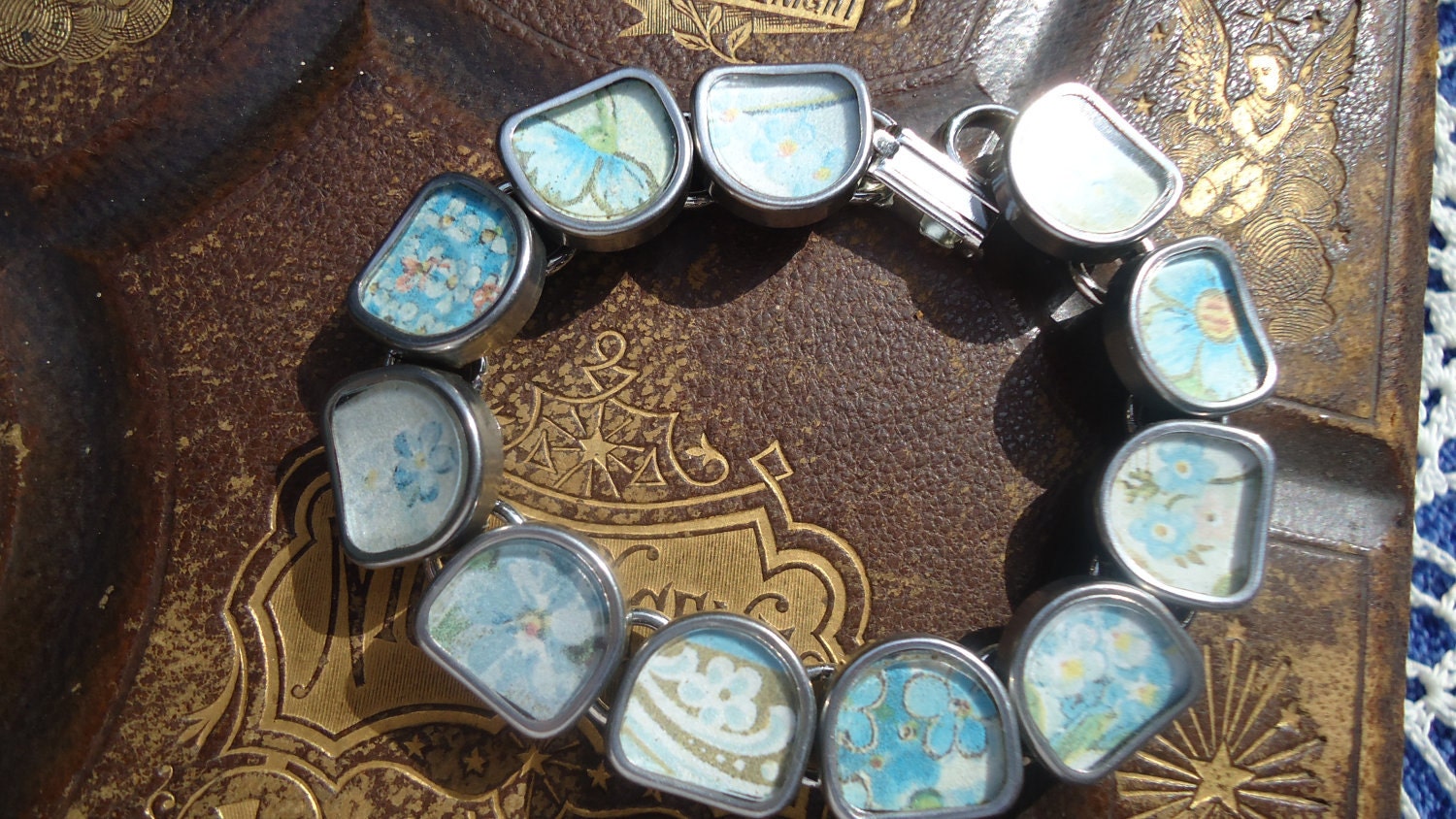 Victorian Postcard Bracelet set in old typewriter keys