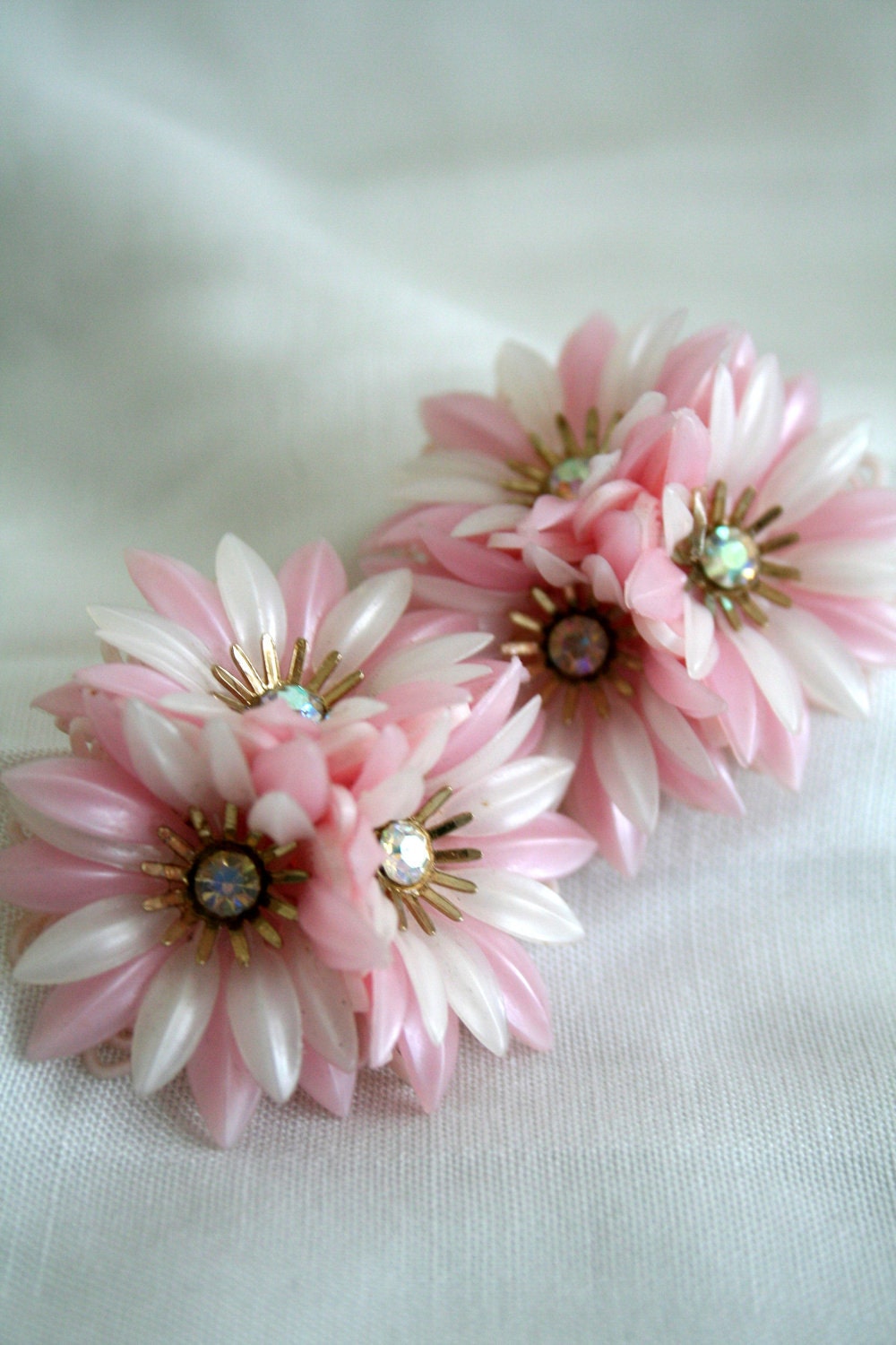 Vintage Pink Plastic Rhinestone Daisy Earrings Coro