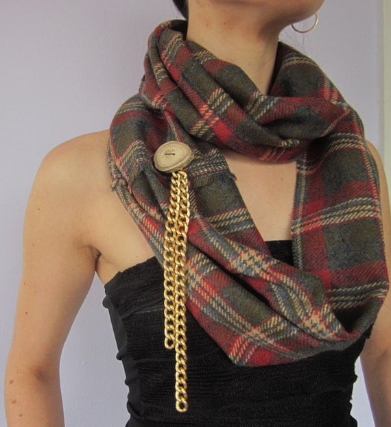 Infinity Scarf - Woodsman Couture - Wool and Acrylic Plaid Coating, Authentic Antler Button and Chunky Gold Plated Chain