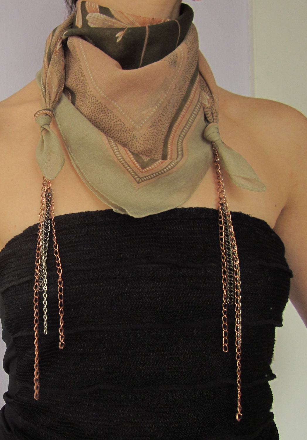 Vintage Upcycled Drape Chain Scarf - Coral Pink, Forest Green and Light Taupe Scarf with Copper, Silver and Gunmetal Chain