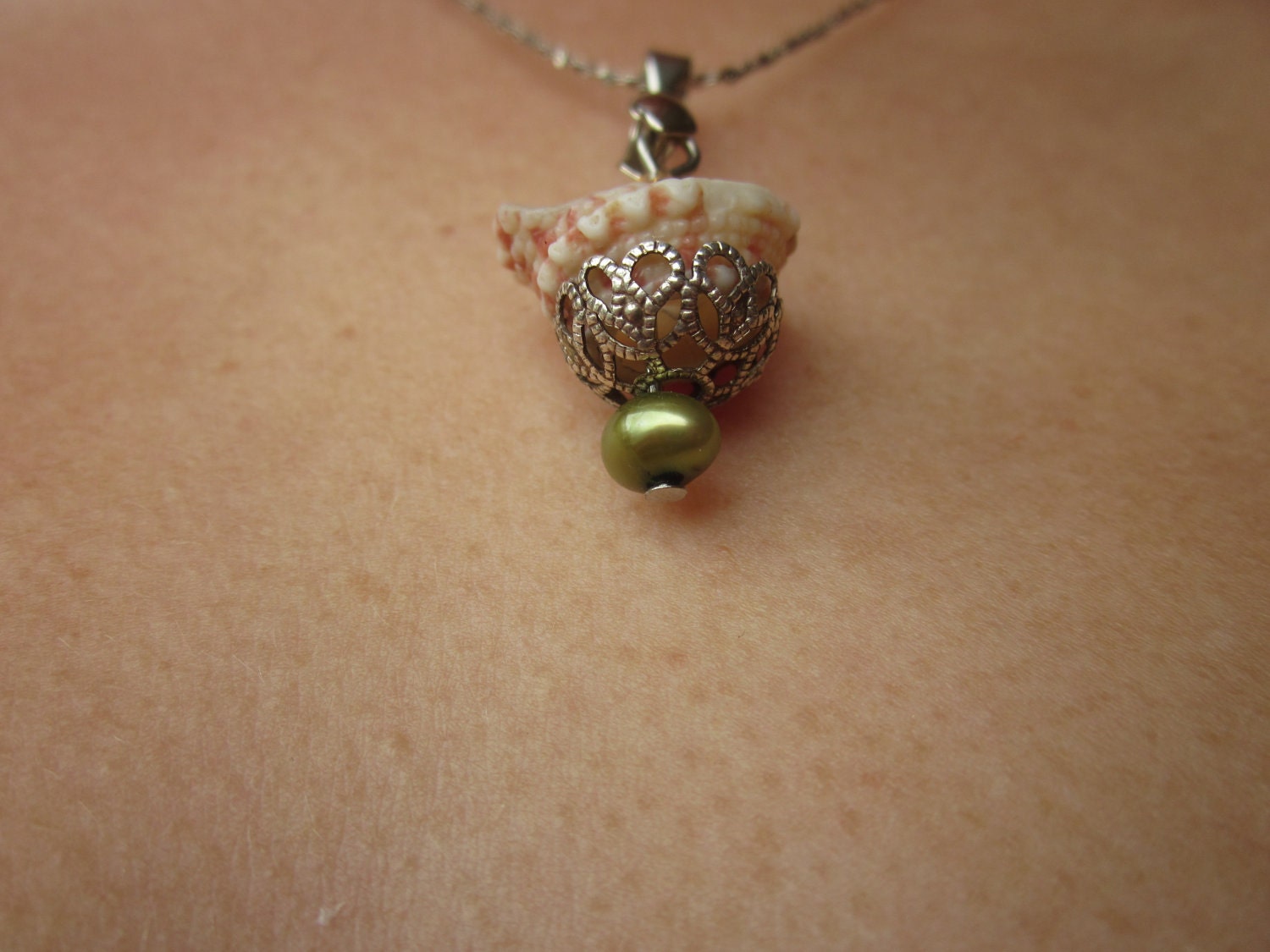 Pink and Ivory Shell with Filigree, Sage Pearl and Iridescent Crystal Perfect for your Bridesmaid Pendant