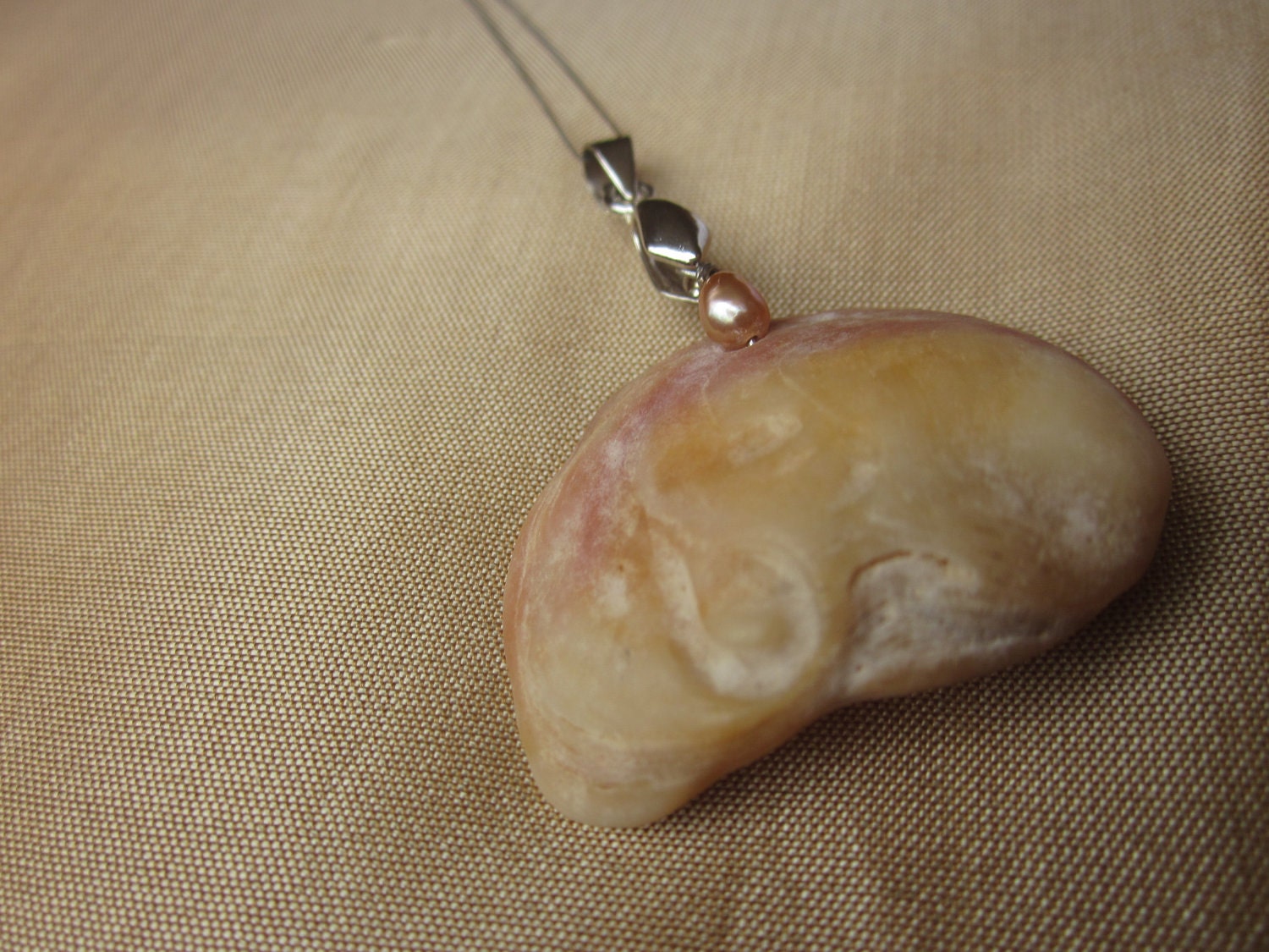 Engraved by the Ocean Peach and Ivory Shell Pendant with Soft Pink and Bordeaux Seed Pearls