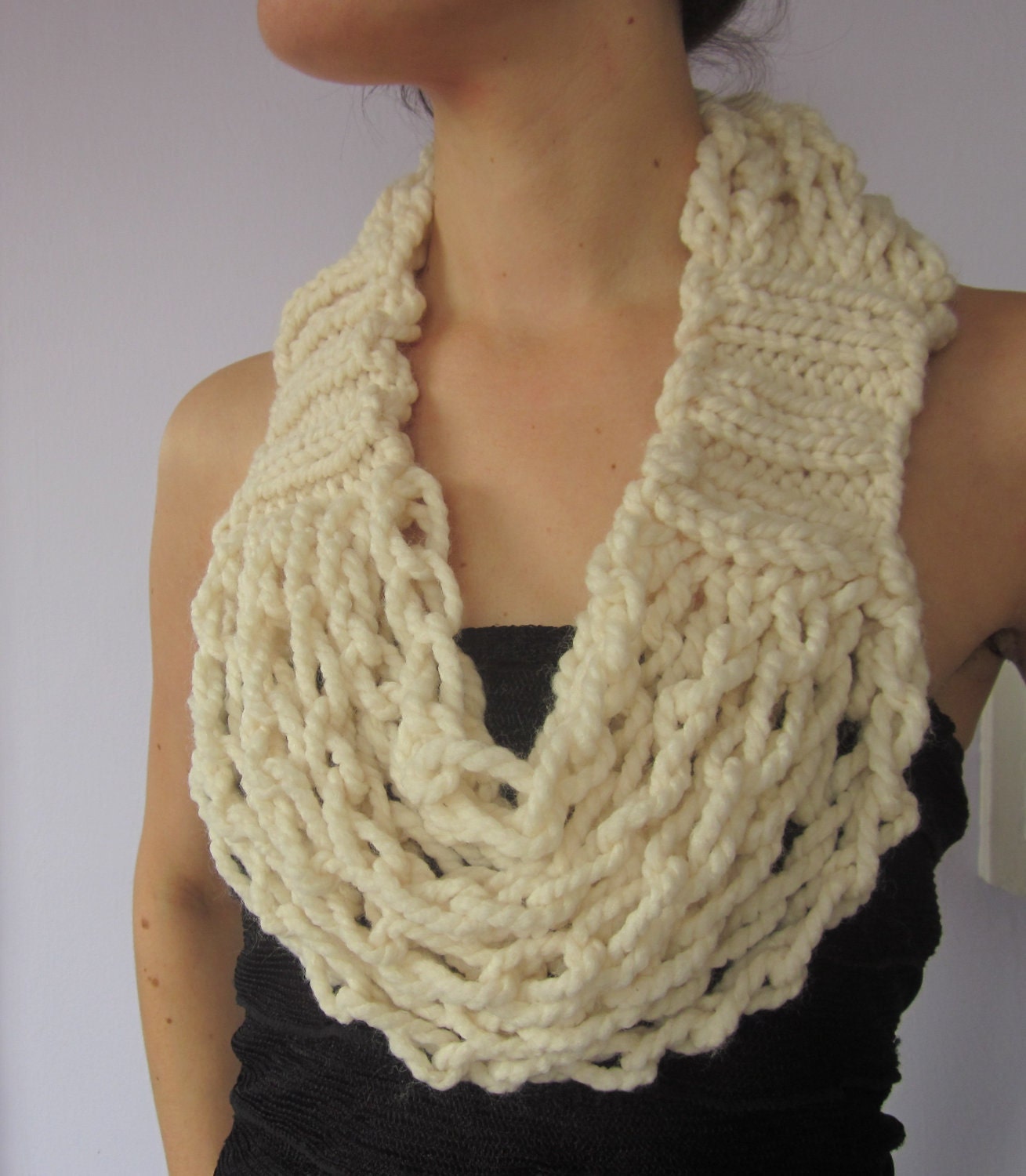 Infinity Scarf plus Necklace equals Cozy Circle Scarflace Cowl, Coffee Cream Knitted and Crocheted Infinity Scarf