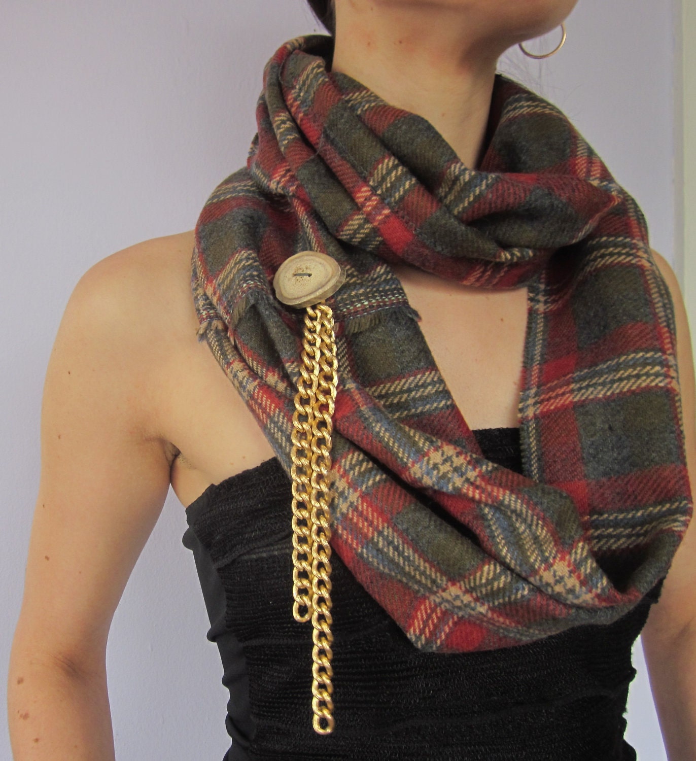 Infinity Scarf - Woodsman Couture - Wool and Acrylic Plaid Coating, Authentic Antler Button and Chunky Gold Plated Chain