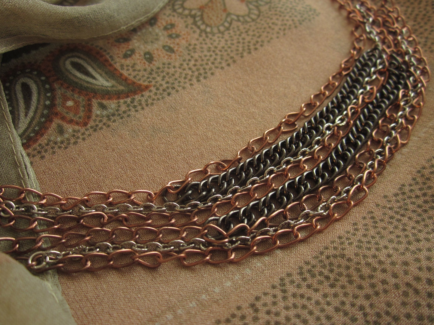 Vintage Upcycled Drape Chain Scarf - Coral Pink, Forest Green and Light Taupe Scarf with Copper, Silver and Gunmetal Chain