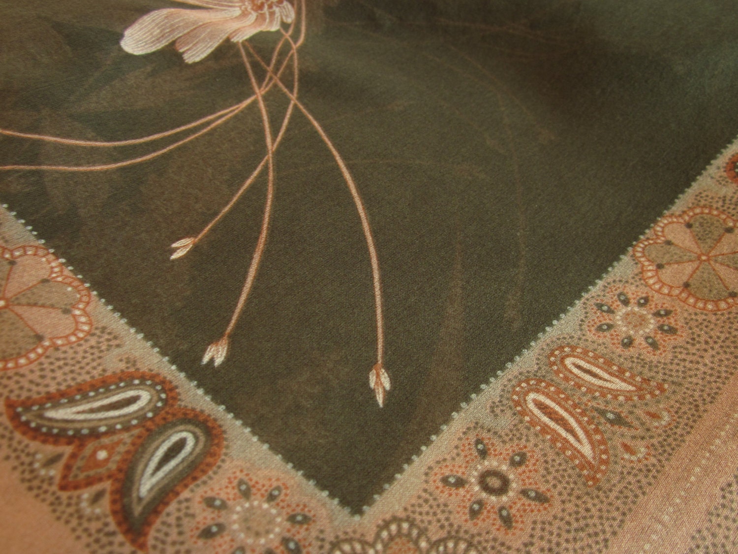 Vintage Upcycled Drape Chain Scarf - Coral Pink, Forest Green and Light Taupe Scarf with Copper, Silver and Gunmetal Chain