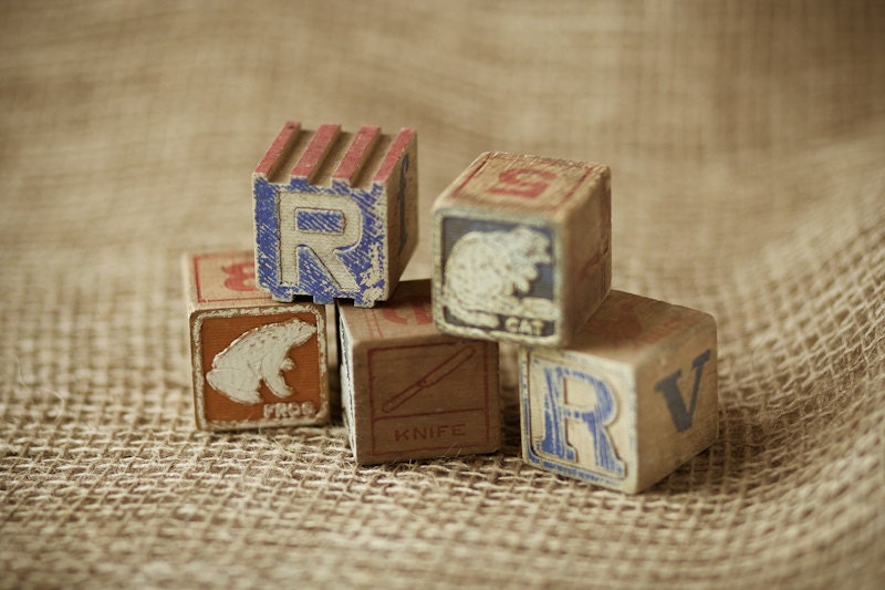 Vintage Alphabet Wood Blocks Assorted Set of 5