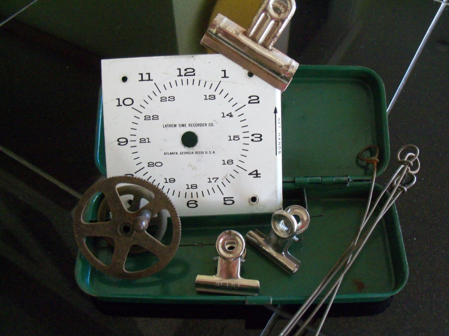 Vintage Industrial Office Collection - Binder Clips Gear Timeclock Face Tool Box