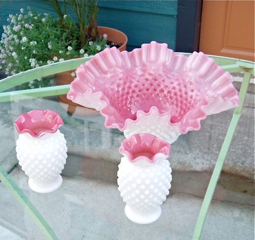 Lovely 3 piece Fenton Hobnail Milk Glass Set