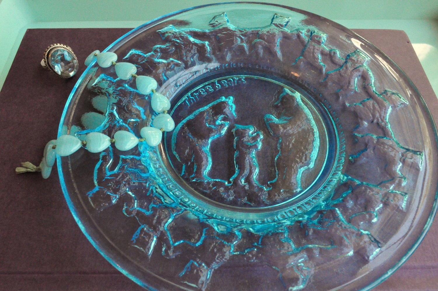 The Three Bears, Tiara Nursery Rhyme Plate by Indiana Glass Co. Aqua color, Children's plate