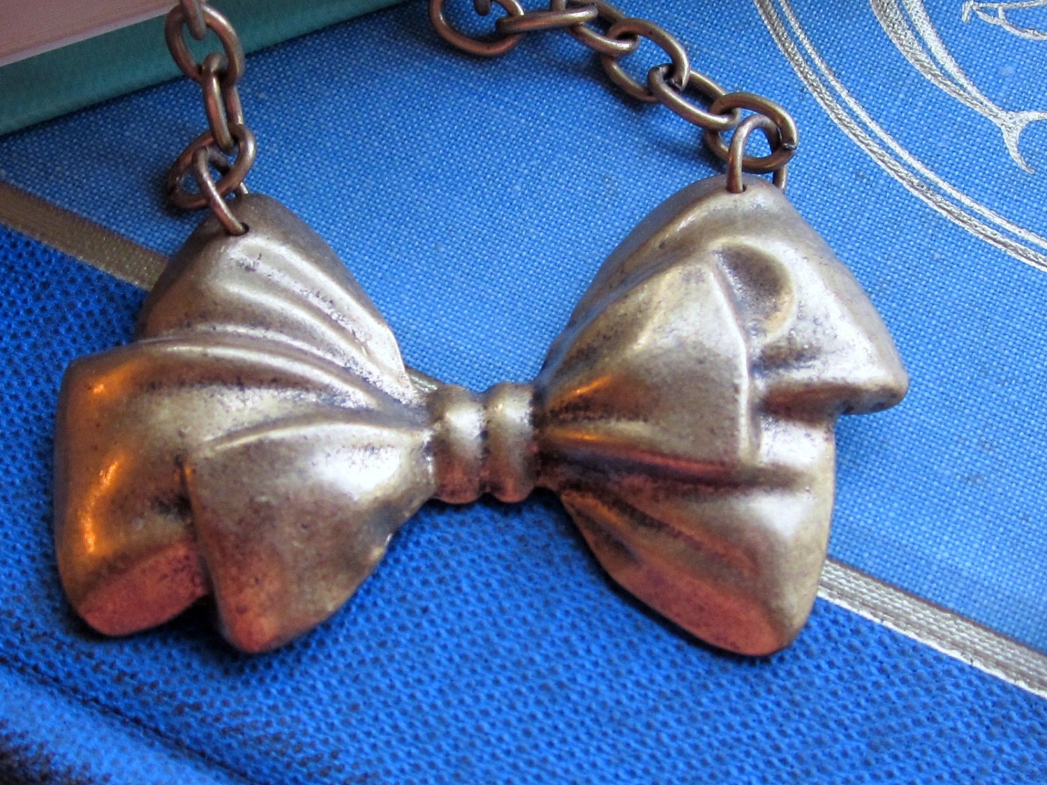 Vintage Brass Bow-Tie Necklace, Bow Necklace, Ribbon Necklace, Bowtie