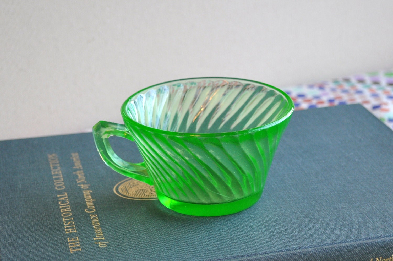 Vintage Vaseline Glass Teacup in Swirl Pattern, Depression Glass Cup