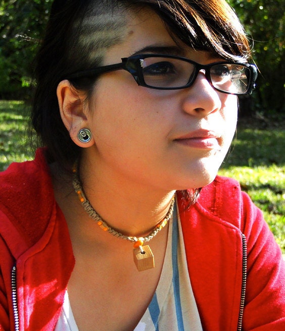 Hip to Be Square hemp choker with bright orange plastic and wooden beads