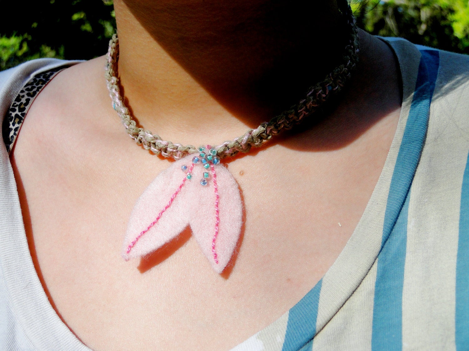 Lovely Pink Felt Leaves with baby blue and sea foam green glass beaded hemp choker