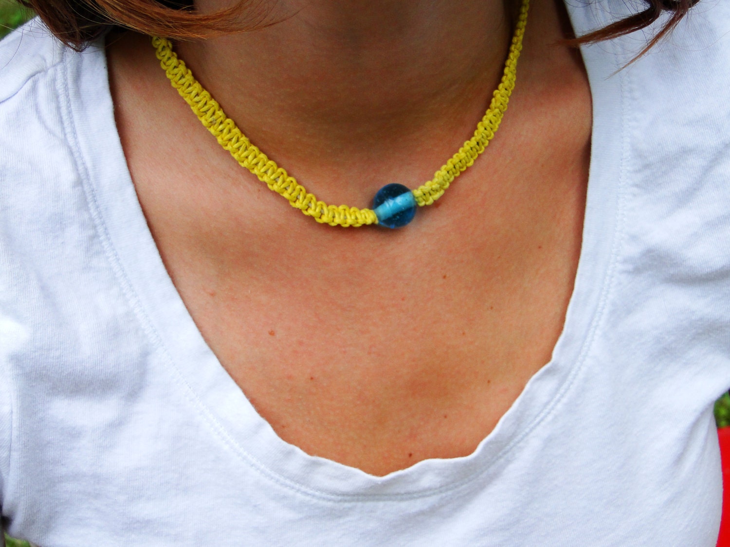 Blue Orb glass bead on Yellow Hemp Chord Choker