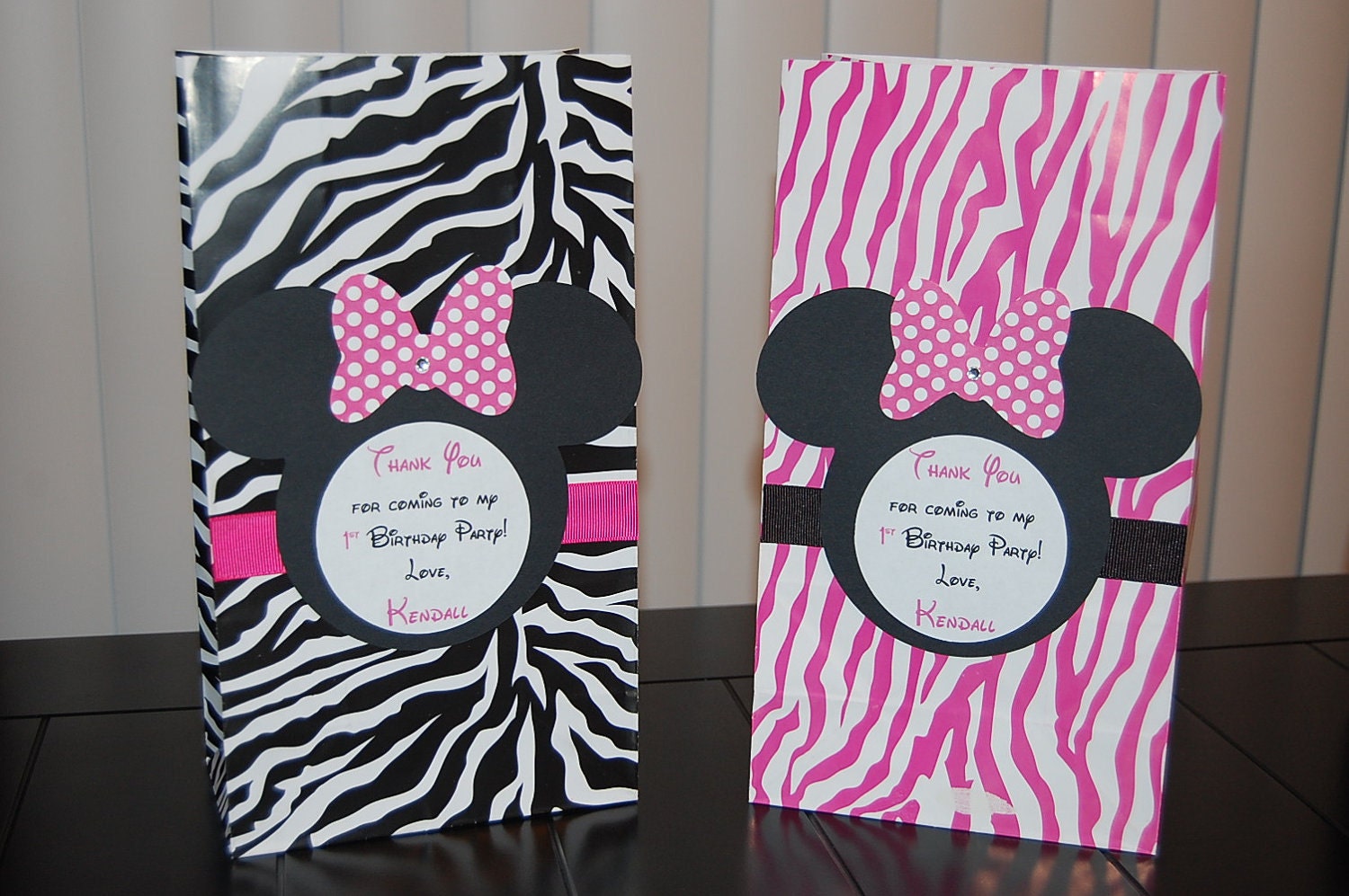 Personalized Minnie Mouse Favor Bags- Pink, Black, and White Zebra Print