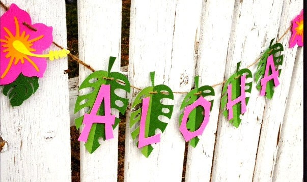 ALOHA Luau Party Banner, Pink hibiscus green, ready to hang - hawaiian party