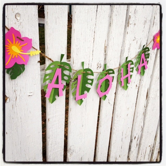 ALOHA Luau Party Banner, Pink hibiscus green, ready to hang - hawaiian party