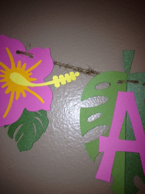 ALOHA Luau Party Banner, Pink hibiscus green, ready to hang - hawaiian party