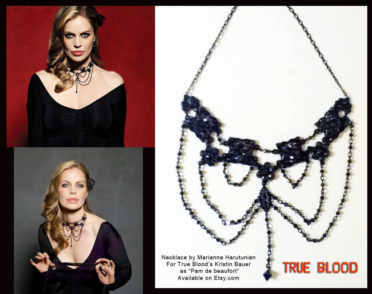 Kristin Bauers Signature Necklace as Pam on True Blood S1 Made with Black Jet Swarovski Crystals Black plated