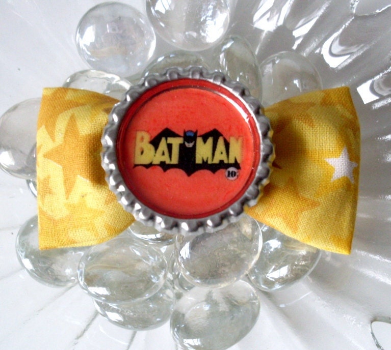 Retro Batman Logo Superhero Hair Bow (Yellow Stars)