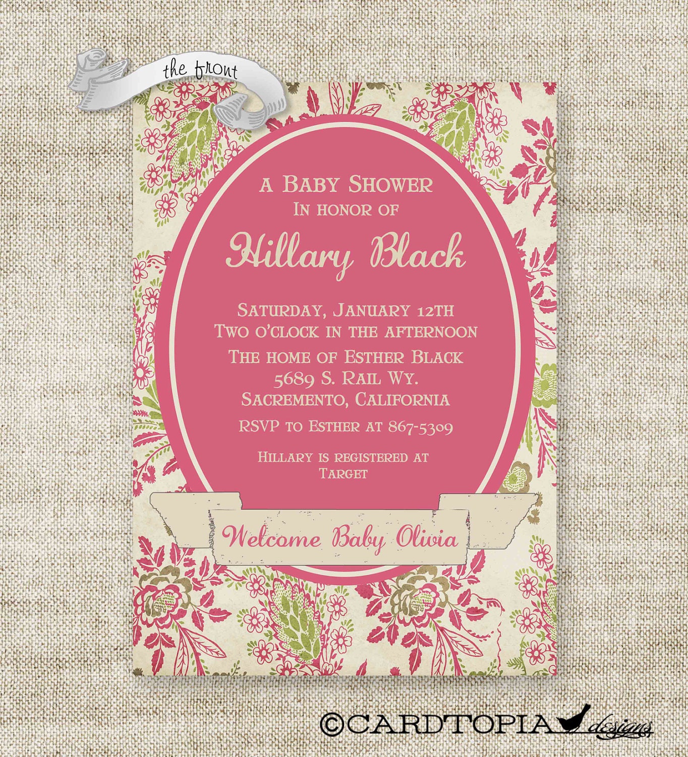 Victorian GIRL BABY SHOWER Invitations Vintage Floral Banner Digital diy Printable Personalized Pink and Green - 81443334