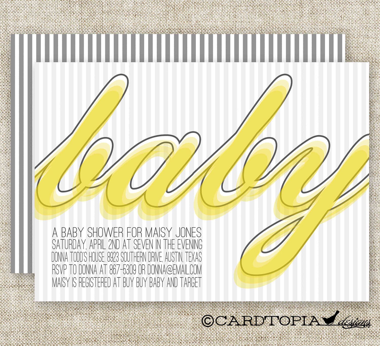 RETRO BABY SHOWER Invitations Girl or Boy Yellow and Grey Stripes Digital diy Printable Personalized with Gray and Yellow - 91869316