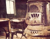 Amish Photography Schoolhouse Wood Stove Print Rustic Desks Fine Art Vintage Look Americana Browns and Black Kentucky Tennessee