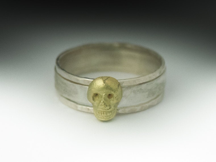 Gold Skull Silver Ring - 18K Gold and sterling Silver Rings - made to order in your size