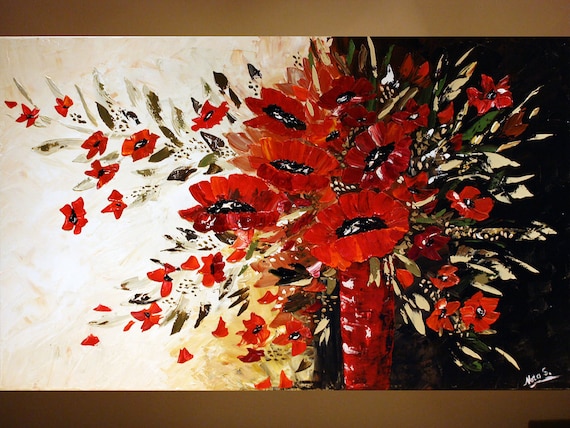 Original Contemporary Large Art Painting. 36".Knife.Wrapped Canvas.Flowers.Bouquet.Red,Black,White.Certificate Of Authenticity - by Nata S.