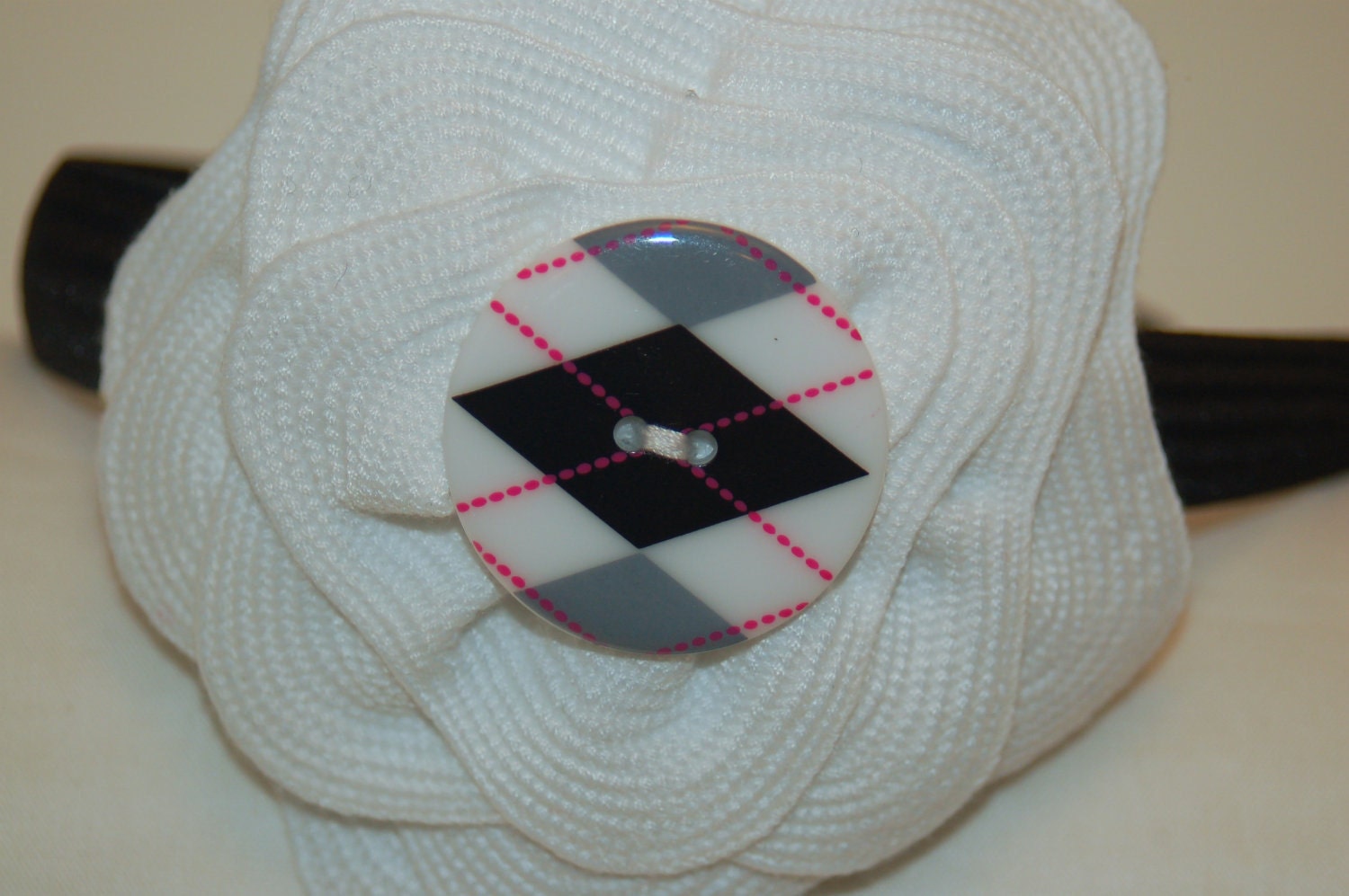White Ric Rac Flower with Black, White, and Pink Argile Button Center Headband