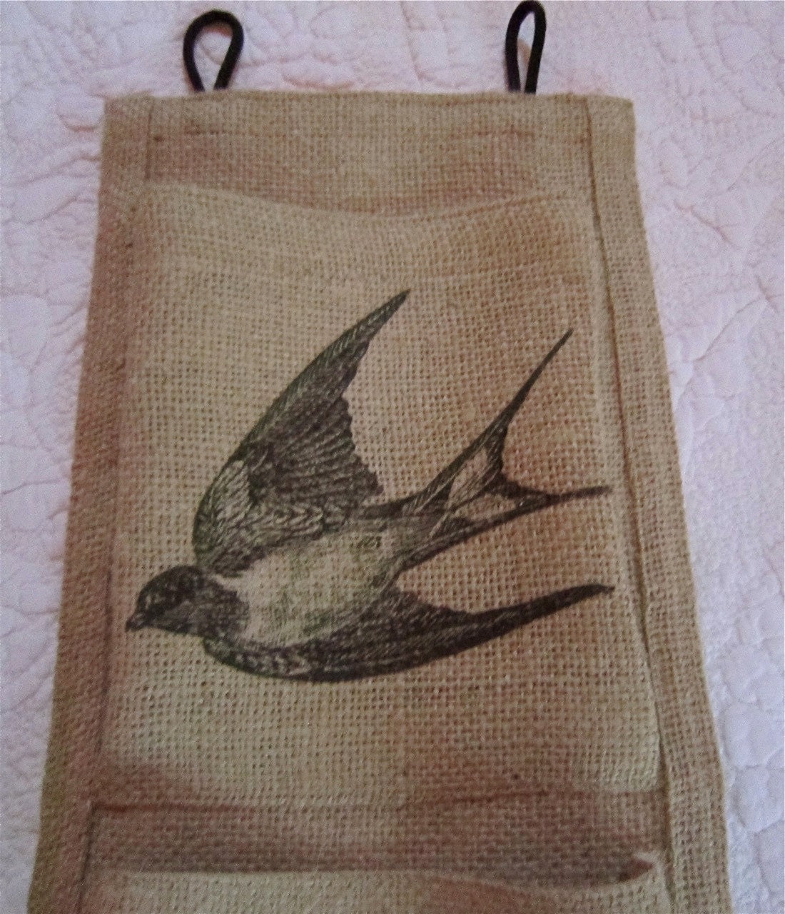 Burlap Wall Mail Holder / Vintage Birds and Typewriter