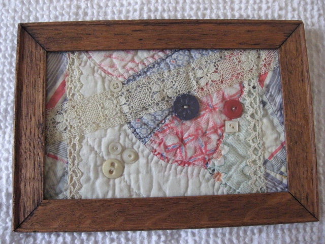 Vintage Quilt Piece Wall Hanging with Vintage Lace And Buttons Home Decor