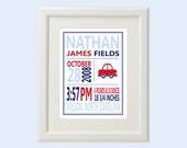 8x10 Personalized Car Birth Stats Nursery Art (More Colors & Sizes Available) Custom Decor for Baby Boy