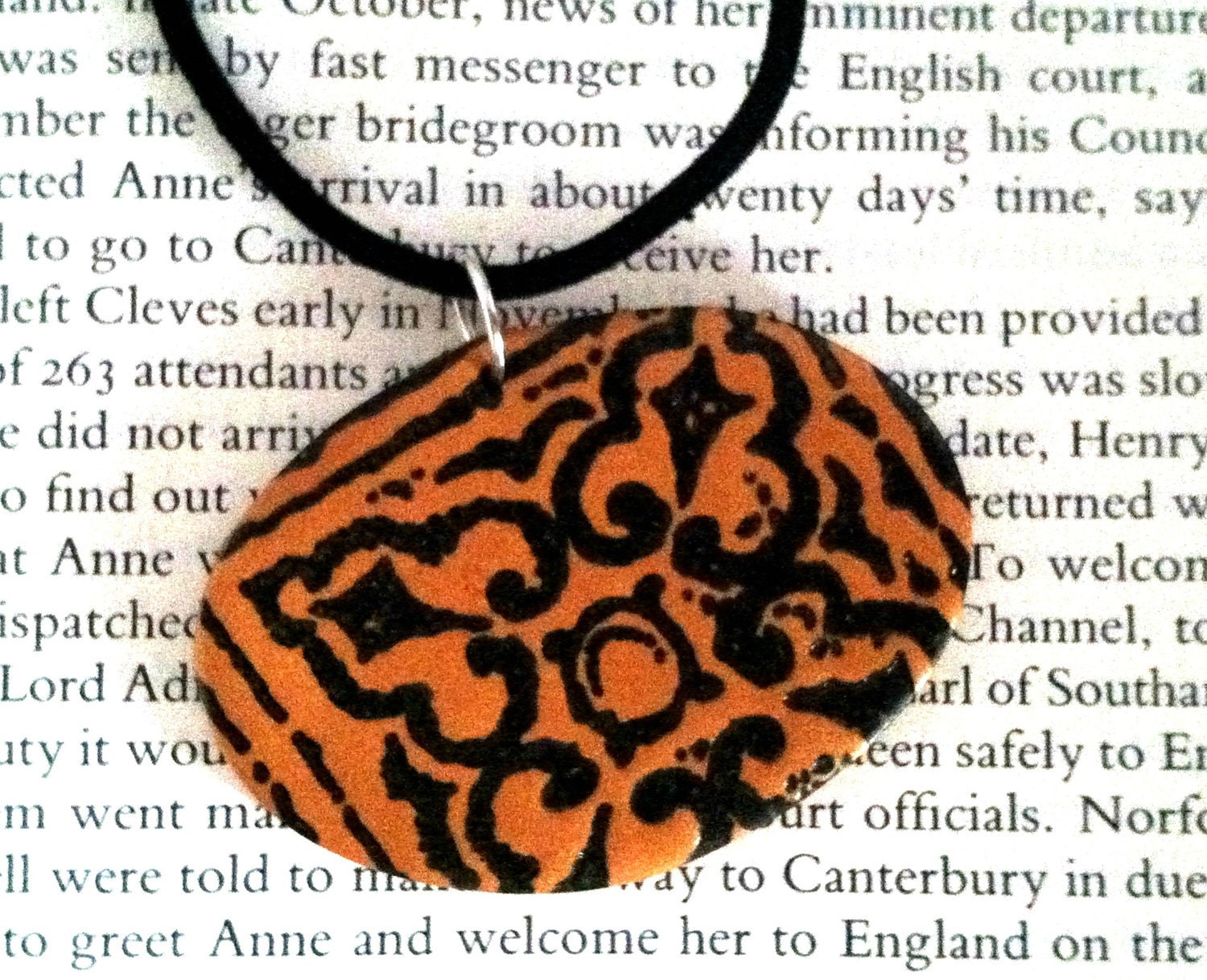 Hand Stamped Polymer Clay Pendant  - Anne of Cleves Tudor Jewelry