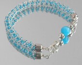 Viking Knit Seed Bead Bracelet Sky Blue Silver Plated Wire Wrapped Jewelry Handmade Beaded Knitted Everyday Handcrafted