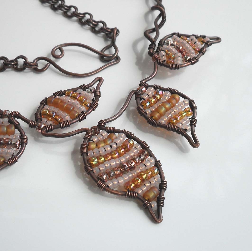 Wire Wrapped Leaf Necklace Seed Bead Jewelry Woven Hammered Brown Copper Pink Leaves Coiled Handmade Chain Autumn Fall