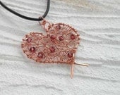 Wire Wrapped Simple Love Heart Necklace Copper Swarovski Crystal Romantic Jewelry Handmade Black Leather Cord