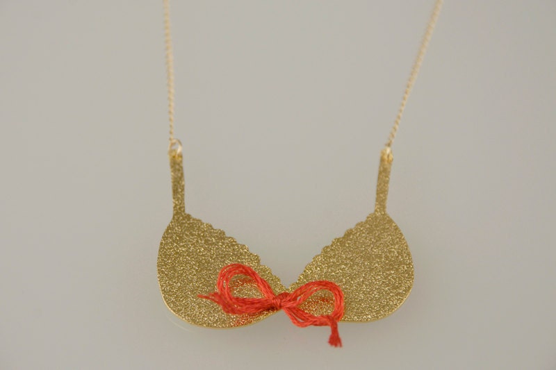 Gold Bra Necklace, OOAK Lingerie Pendant, Feminine Charm, Gift for Bridal Shower- Handmade- Ready to Ship