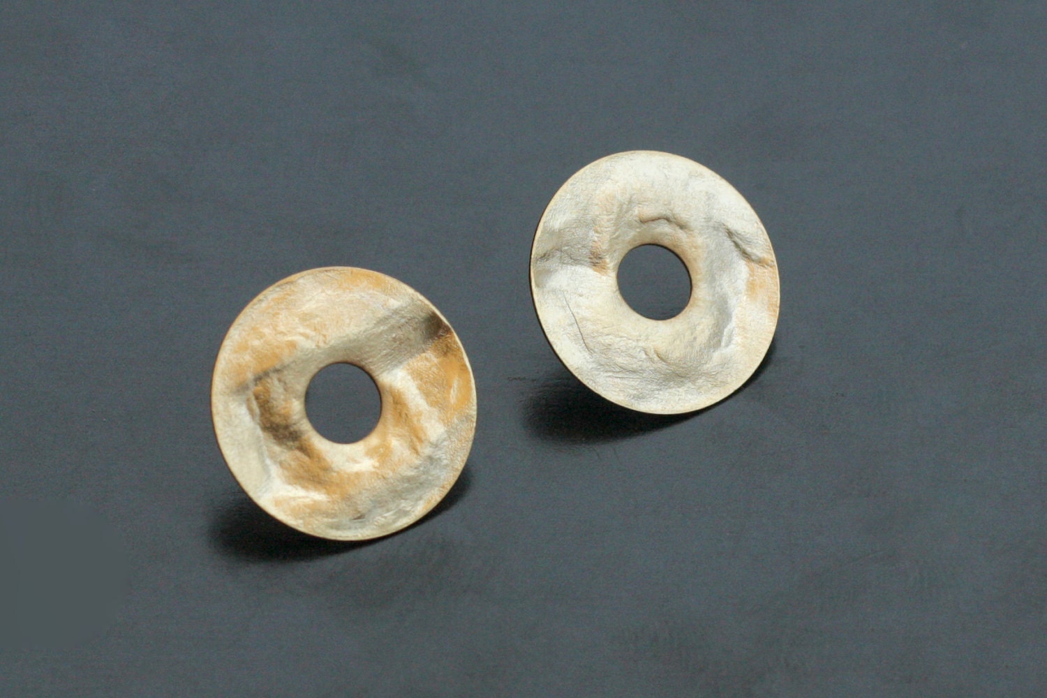 Gold Hollow Circle Posts, Wrinkled Round Earrings, Round Studs, Matte Gold Earrings