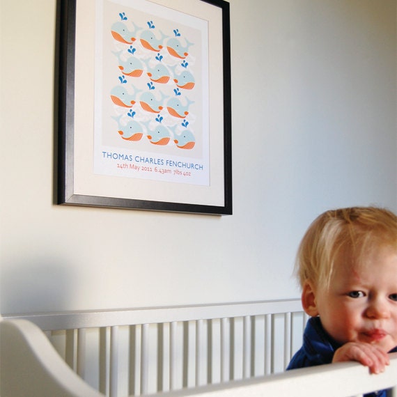 Swimming Whales Print - Custom modern nursery art poster - A3 (297 x 420 mm)