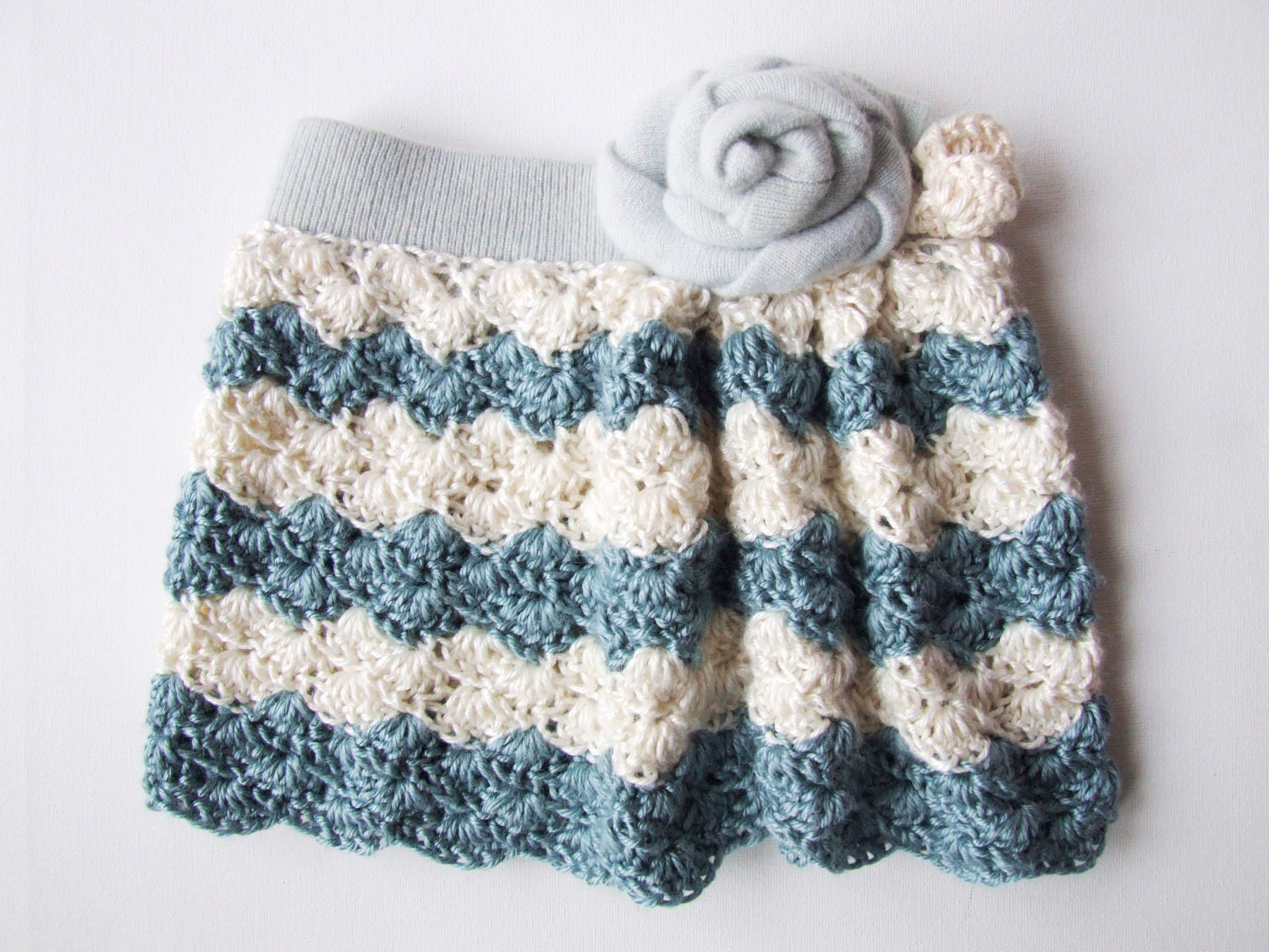 Crochet Children's Skirt Stripes Silk Bamboo with Upcycled Cashmere Band and Rose One of a Kind