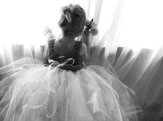 Flower Girl Tutu Dress Crochet Bodice Shiny Ivory and Mocha with Tulle Rose Special Occasion Dress Infant to Toddler Size 4