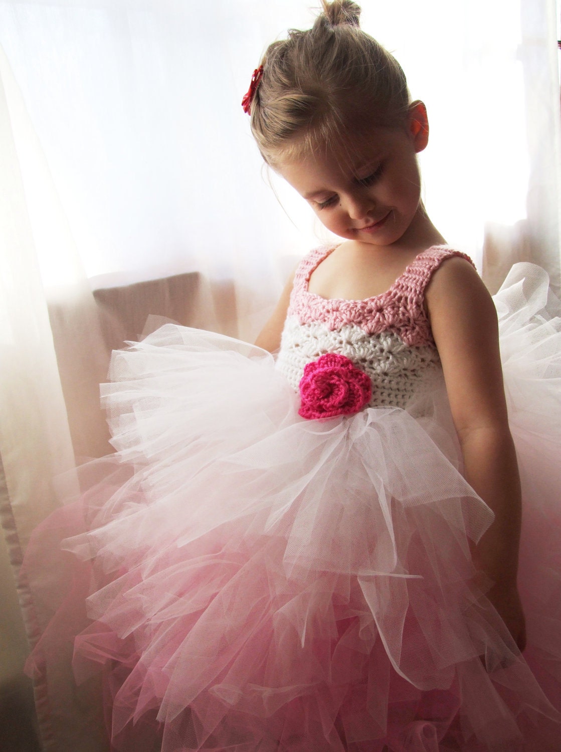 Flower Girl Dress Ombre Pink and White Crochet Rose Tulle Tutu Infant to Toddler Size 4 as featured in Zankyou Magazine and Etsy Weddings